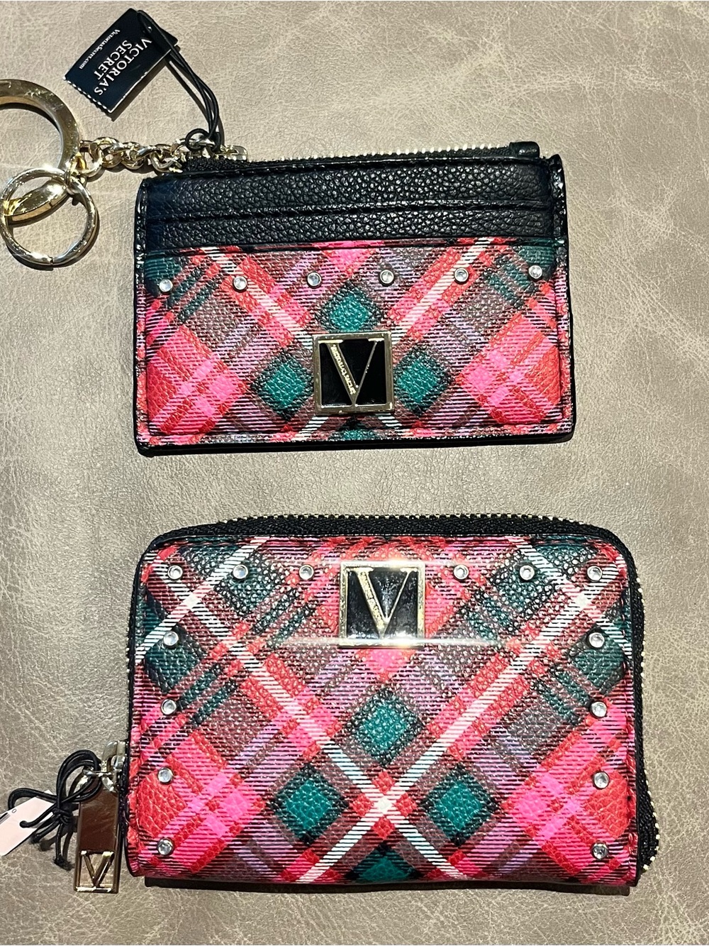 VICTORIA'S SECRET Pink & Green Plaid Card Case and Zip Wallet Set